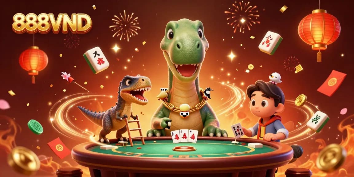 Experience the vibrant excitement of 888VND, where a 3D brontosaurus and clever raptor create a lively casino atmosphere.