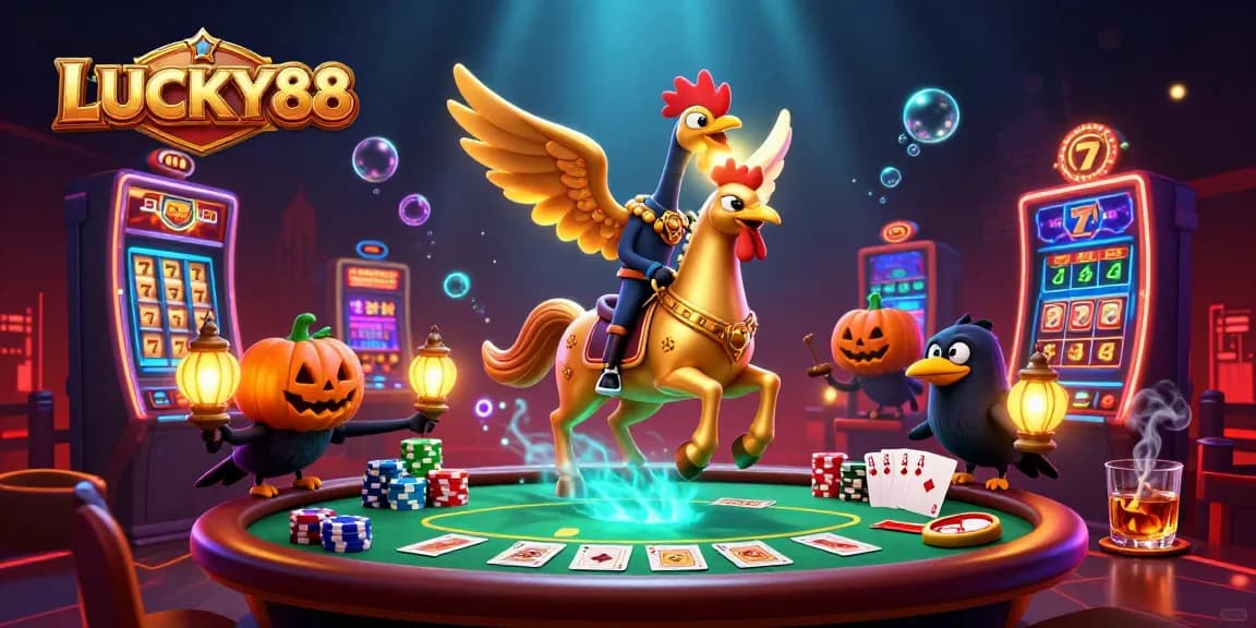 Experience the magic of LUCKY88 as a golden rooster and spectral horse light up the casino.
