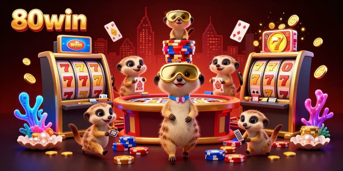 Experience the thrill of 80win with a playful meerkat casino scene full of exciting gaming elements.