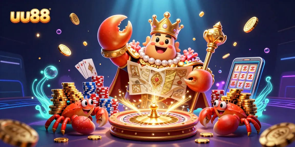 Experience thrilling gameplay at uu88 with a vibrant 3D casino illustration showcasing a golden crab emperor and dynamic game elements.