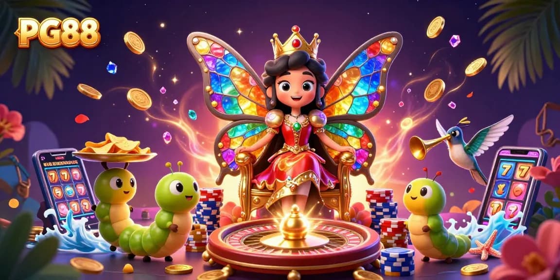 Spin the reels with PG88's vibrant casino scene featuring a butterfly queen and golden chips.