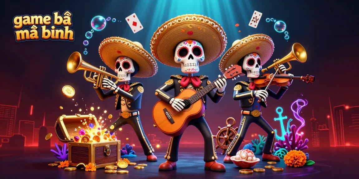 Engage in the thrilling game bài mậu binh with vivid 3D illustration of a colorful skeleton mariachi band.
