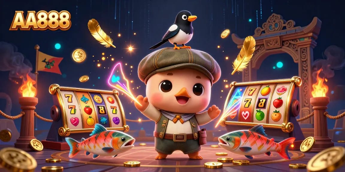 Engage with the excitement of AA888, featuring a playful Nessie and lucky symbols in a vibrant casino scene.