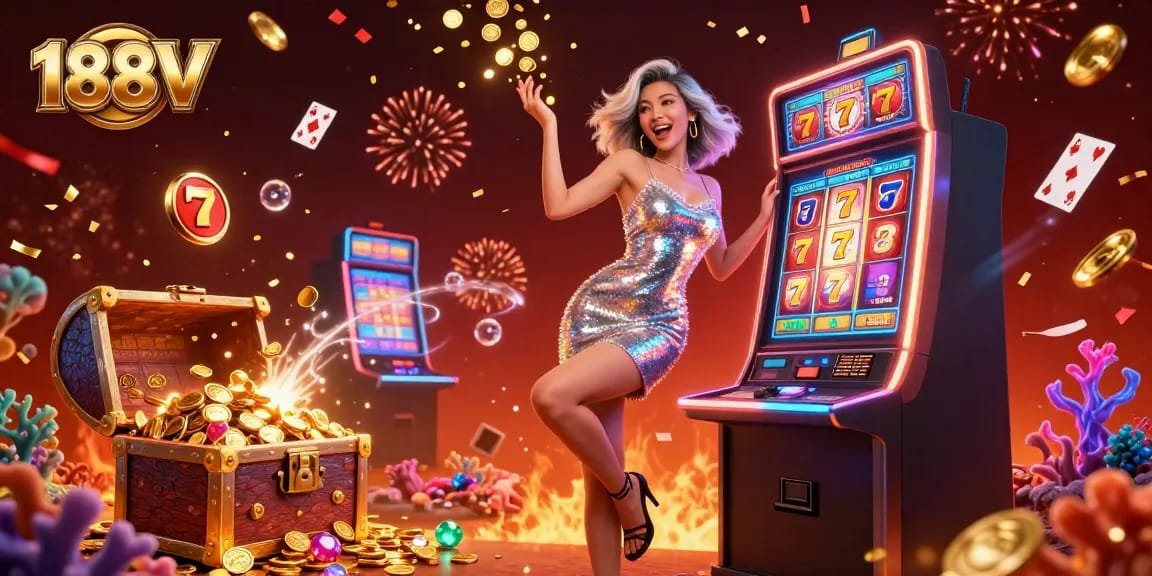 Play slots to win at 188V with a glamorous Asian woman celebrating at a jackpot.