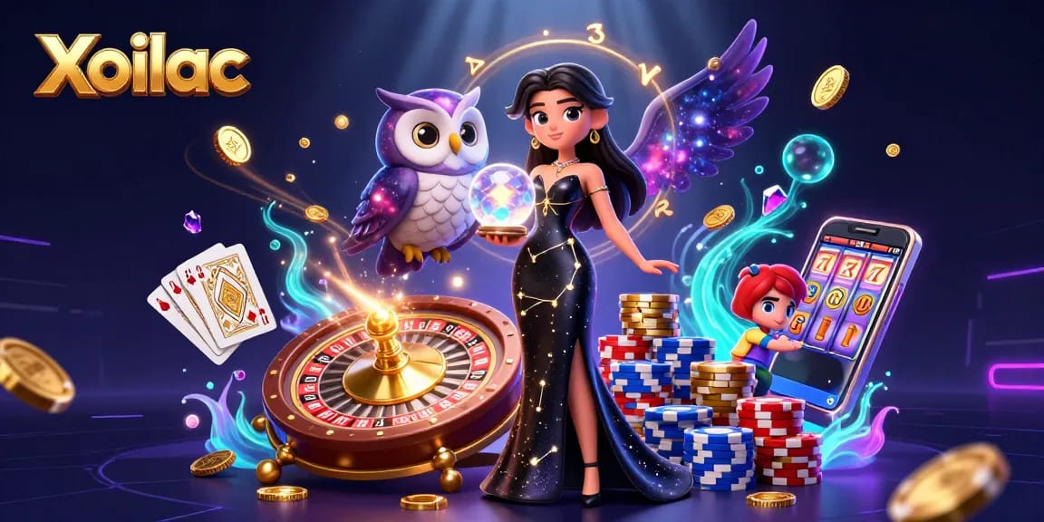 Xoilac showcases a mystical scene with a woman and owl, surrounded by dynamic casino elements.