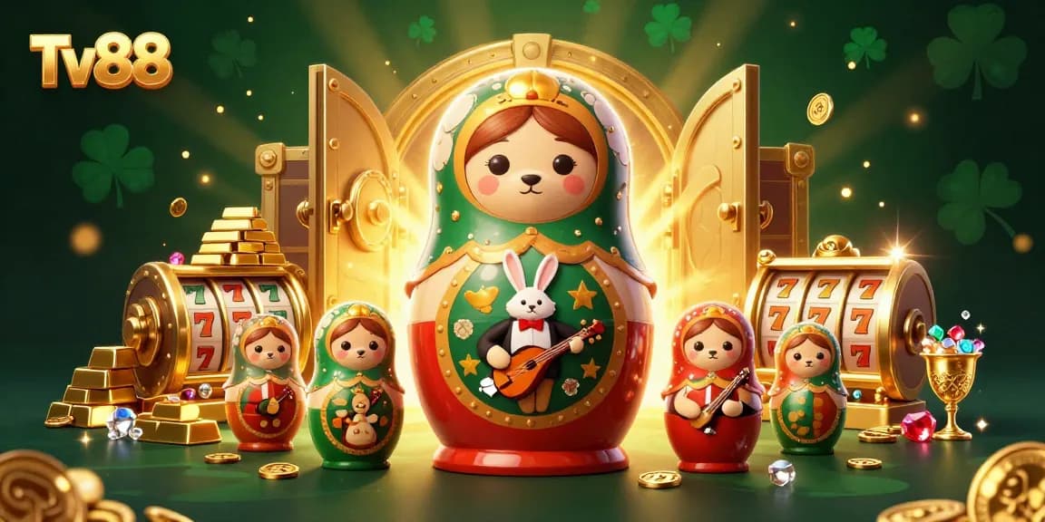 Try your luck with Tv88 at the casino, featuring vibrant 3D characters and golden treasures.