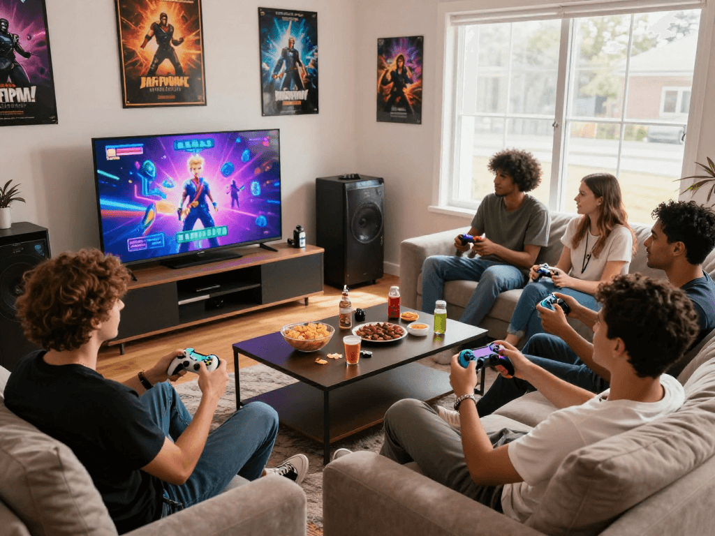 Group enjoying popular porn games in a cozy living room atmosphere