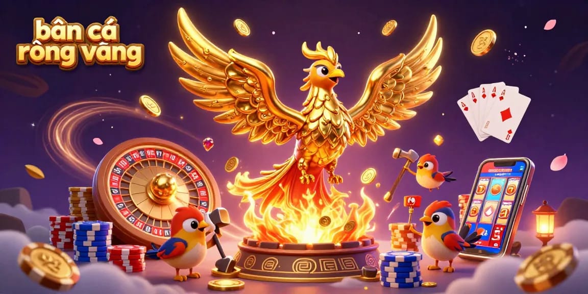 Experience thrilling action with bắn cá rồng vàng in this vibrant casino scene featuring golden phoenix and game elements.
