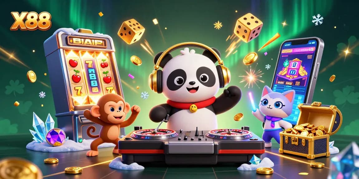 X88 platform showcases an exhilarating gaming scene with vibrant characters and slot machines, enhancing the online gambling experience.