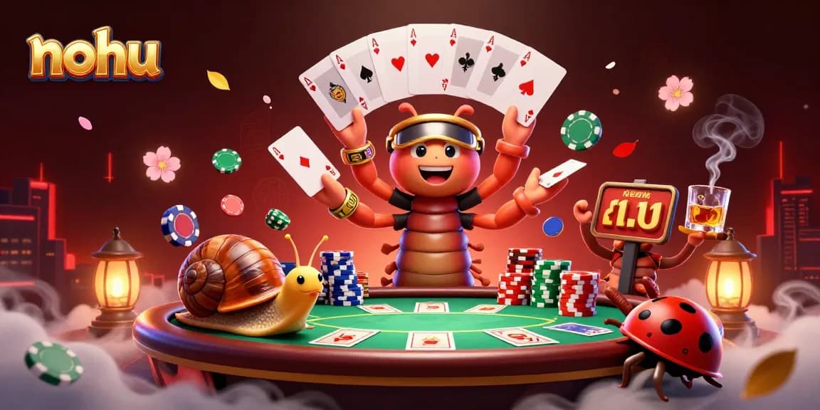 Nohu, a lively casino scene with a millipede dealer and vibrant card games full of excitement.