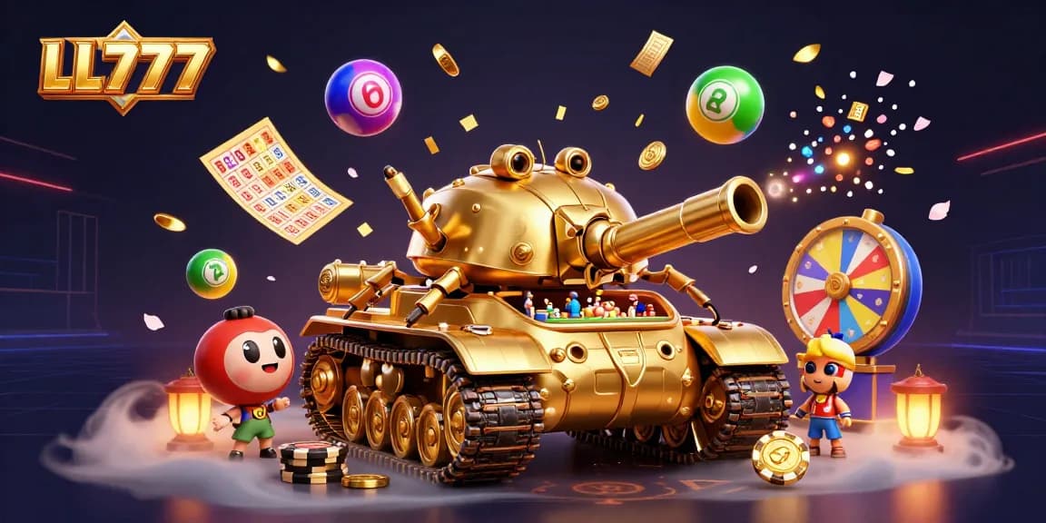 LL777 captures vibrant excitement with golden beetle tank casino, dynamic lottery elements and confetti effect.