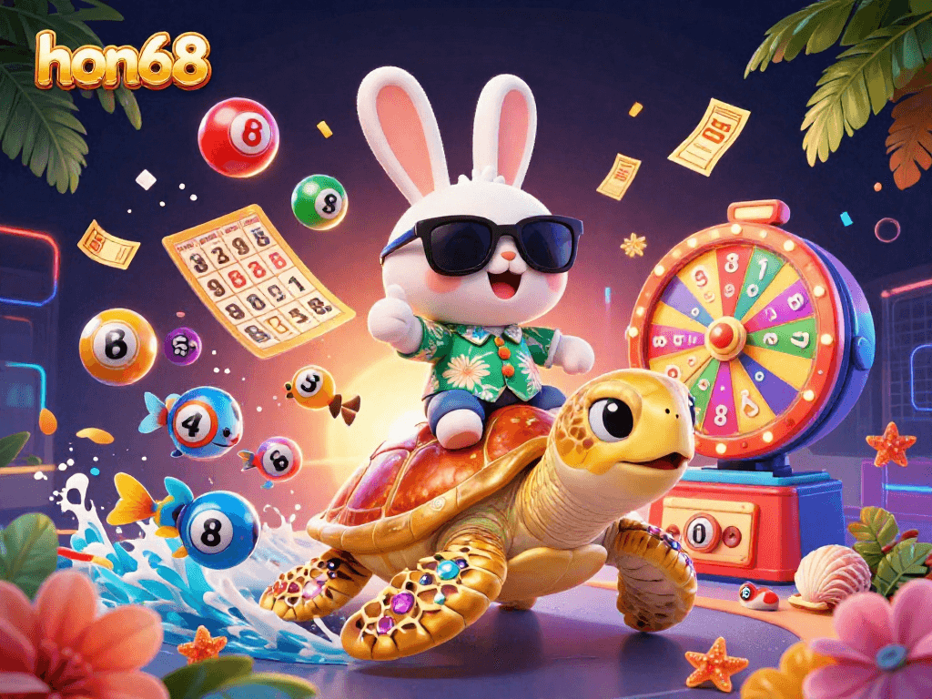Experience thrilling gameplay at hon68 with a lucky rabbit and golden turtle surrounded by vibrant lottery elements.