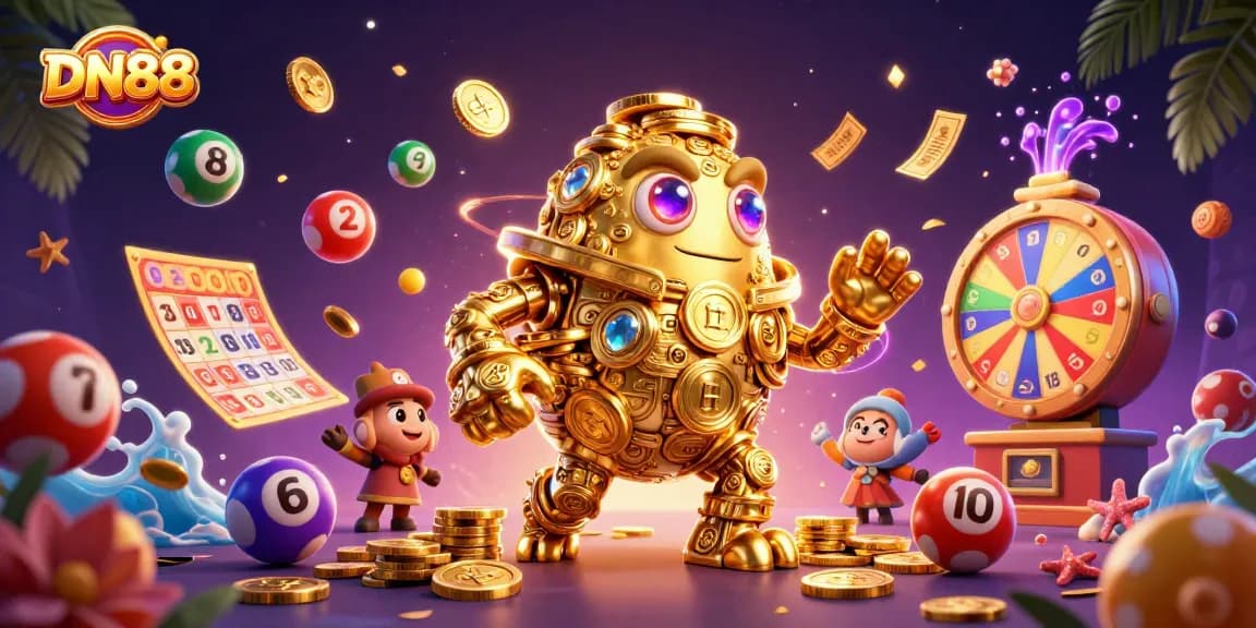 Experience the excitement of DN88 with a dazzling golden golem surrounded by vibrant lottery elements.