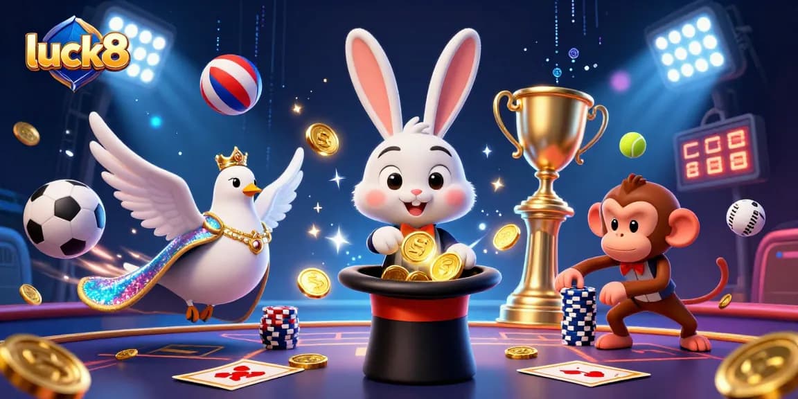 Experience winning moments at luck8 with a magician, assistant, and monkey in a vibrant casino scene.