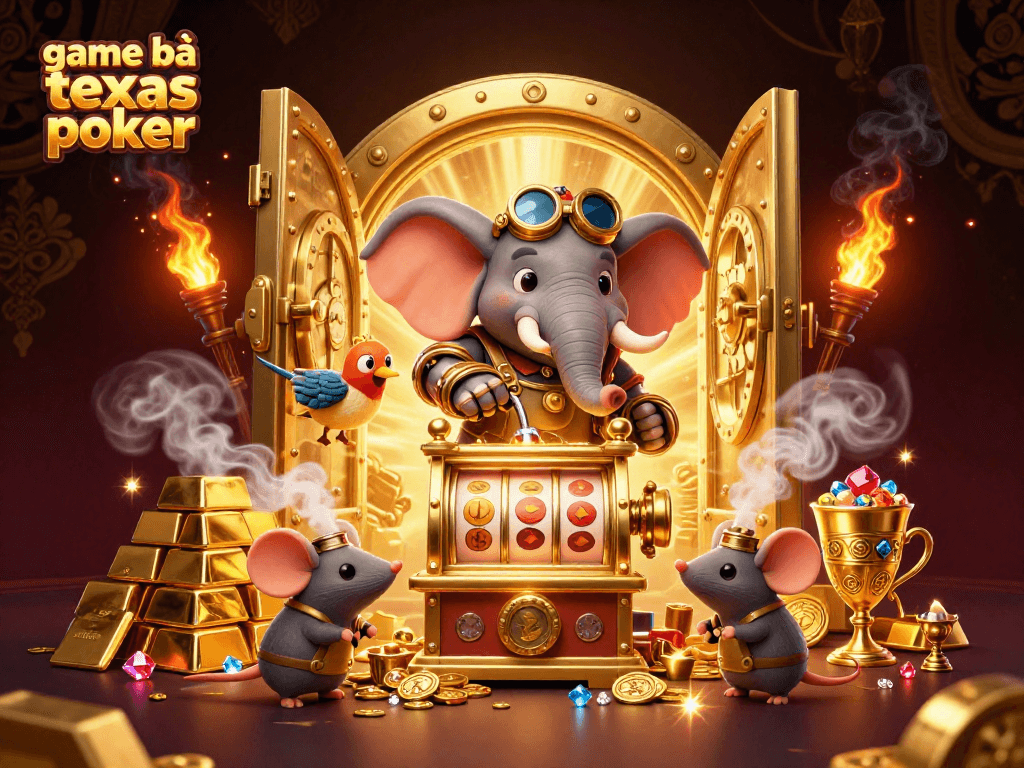 Engage in game bài texas poker with a dynamic steampunk illustration showcasing a golden slot machine and treasure.
