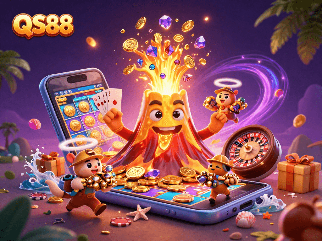 Experience exciting slot wins at QS88 with vibrant treasures erupting from a golden volcano.