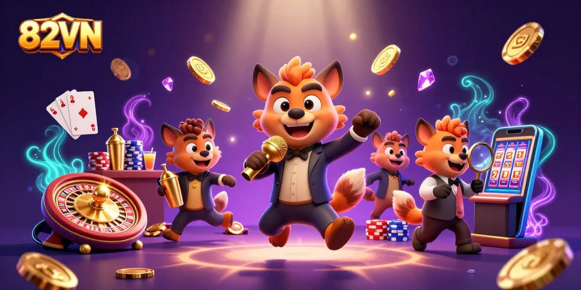 Bettors enjoy comedy and excitement at the 82VN casino with vibrant characters and lively gambling elements.