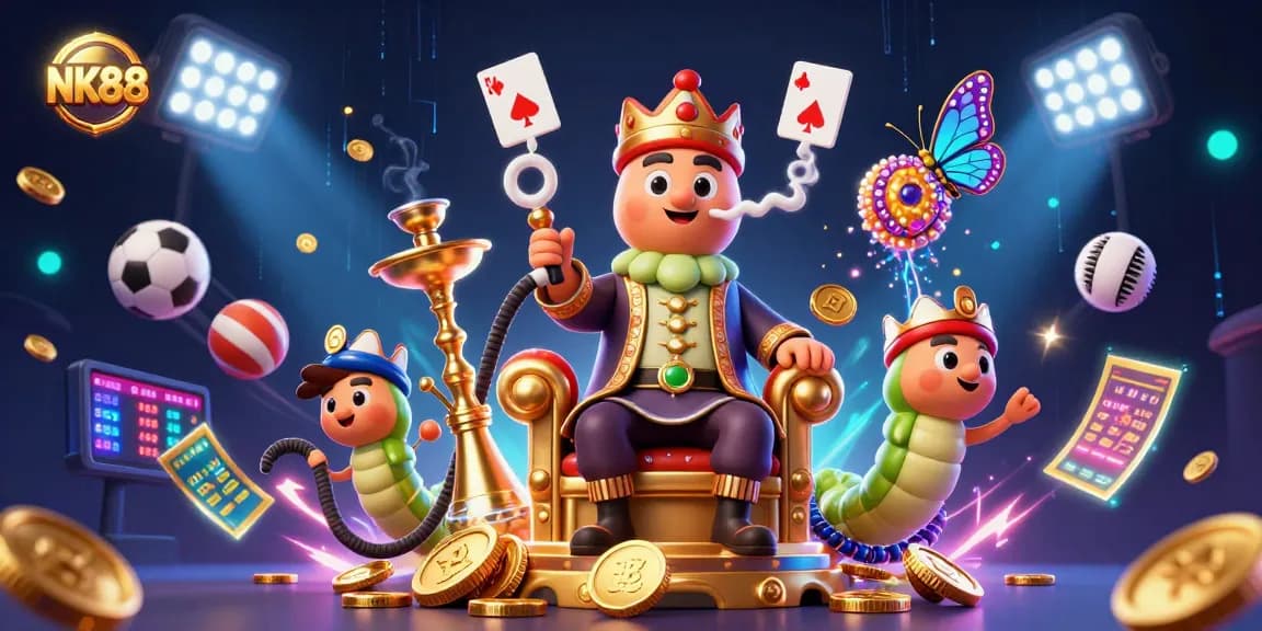 Bet on NK88 with a vibrant 3D illustration showcasing gaming elements and excitement.