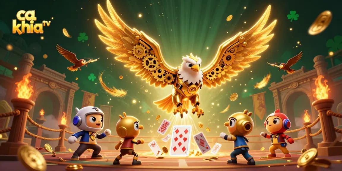 Enjoy thrilling action with ca khia tv featuring a golden eagle and holographic cards in a vibrant casino atmosphere.