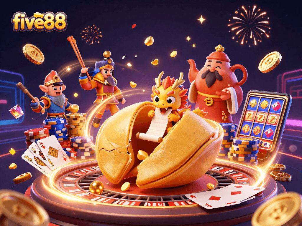 Experience the excitement of five88 with a dynamic casino scene featuring golden treasure and gaming action.