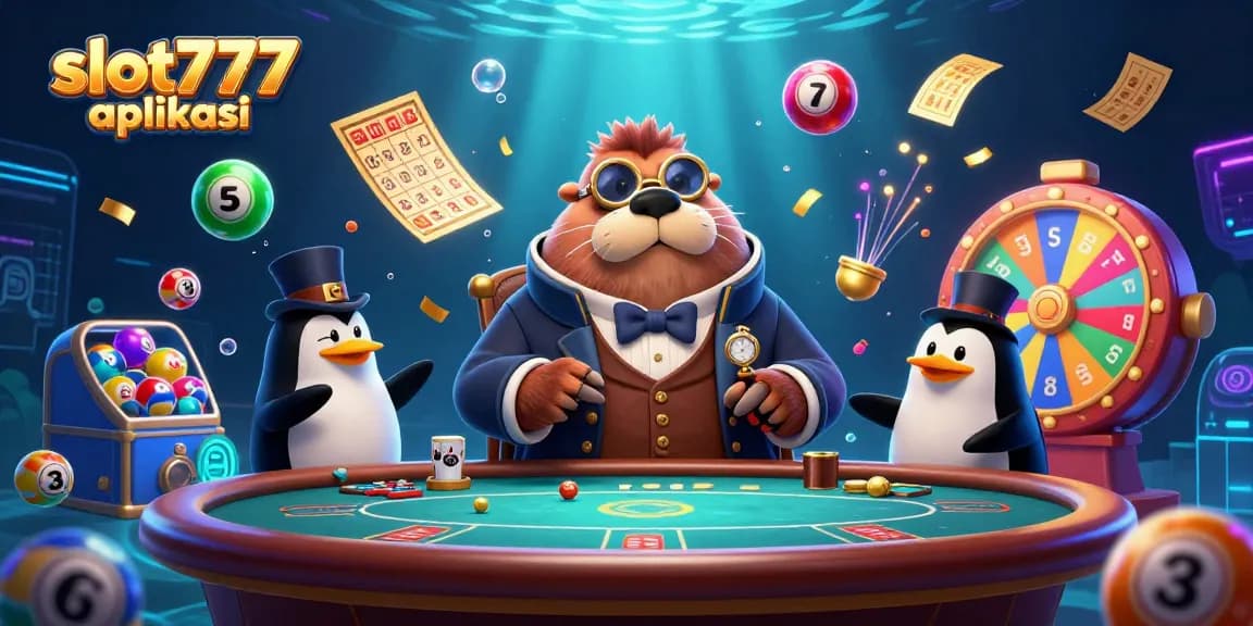 Engage with slot777 aplikasi in a vibrant underwater casino scene featuring a jolly walrus and friends.