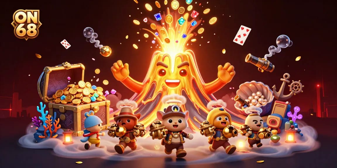 Win big at ON 68's casino with vibrant treasures erupting from a golden volcano.