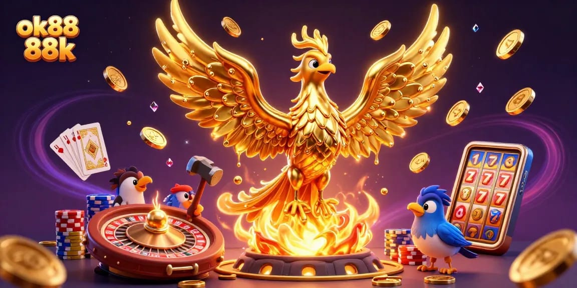 Engage in thrilling gameplay with ok88 88k at a vibrant online casino featuring golden phoenix and rich game elements.