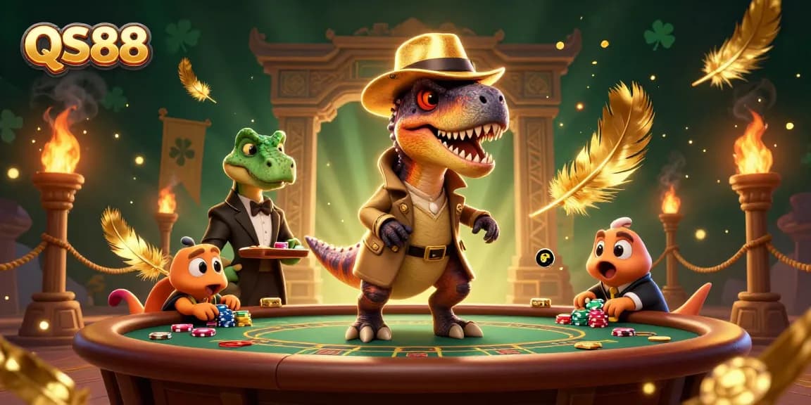 Experience thrilling gameplay at QS88 with a 3D velociraptor card counter amid casino action.