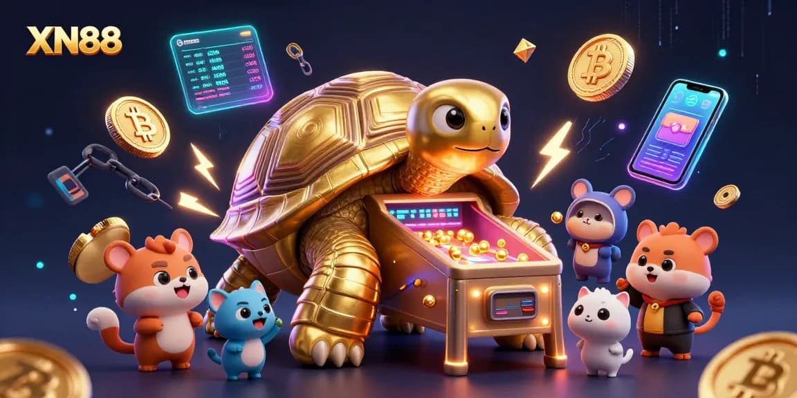 Engage with XN88's thrilling casino experience featuring vibrant 3D elements and golden tortoise.