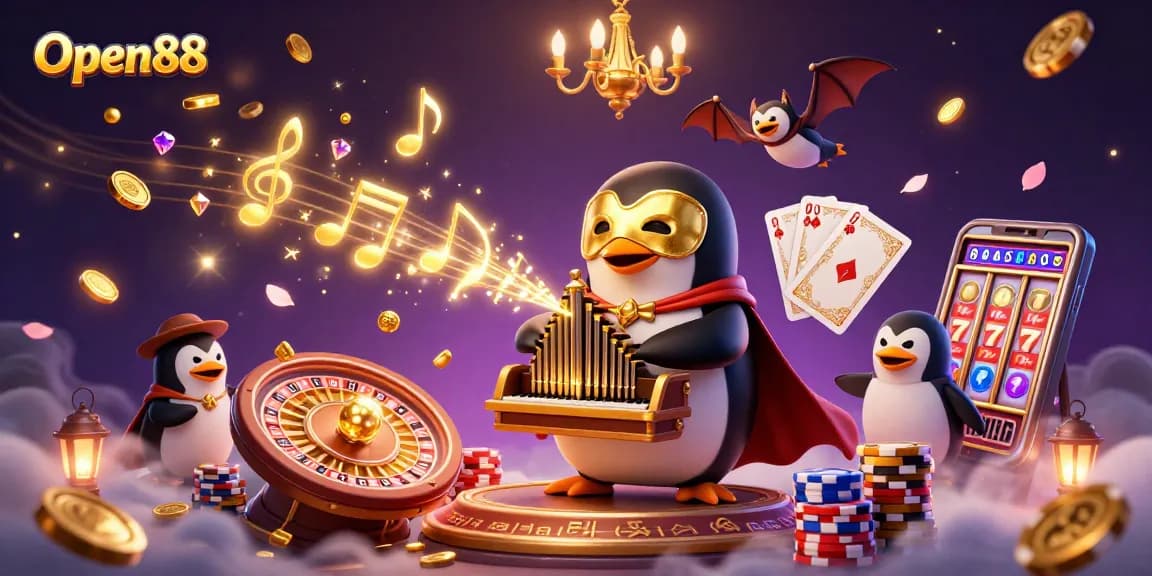 Open88 penguin organist shoots coins in a vibrant casino scene with dynamic elements