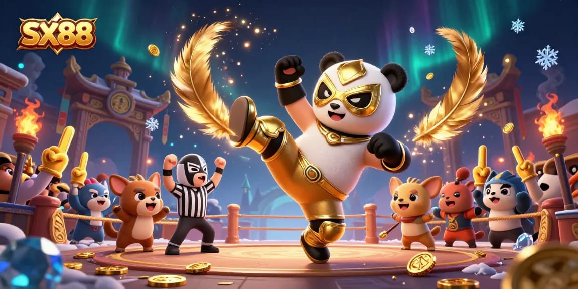 SX88 showcases a thrilling betting scene with a panda wrestler performing amidst cheering spectators and golden tokens.