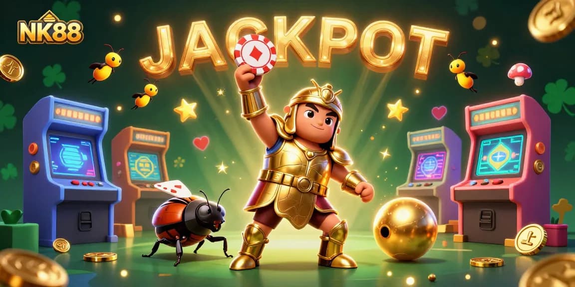 Experience big wins at NK88 with a vibrant 3D casino scene featuring themed characters and gaming elements.