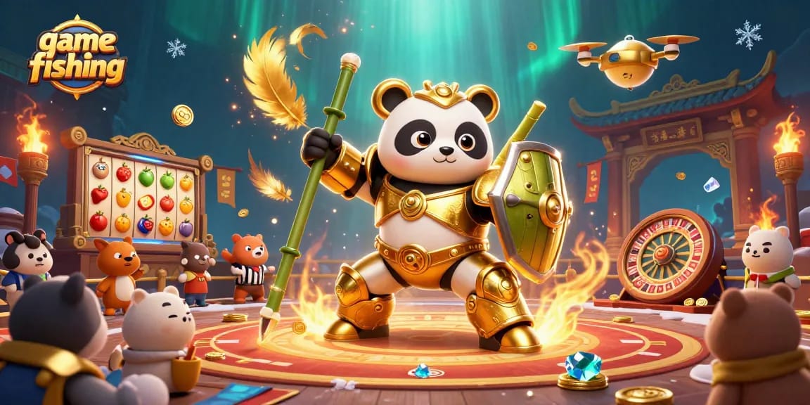Engaging game fishing scene with a mech-suit panda in an arena showcasing jackpot slot symbols and betting elements.