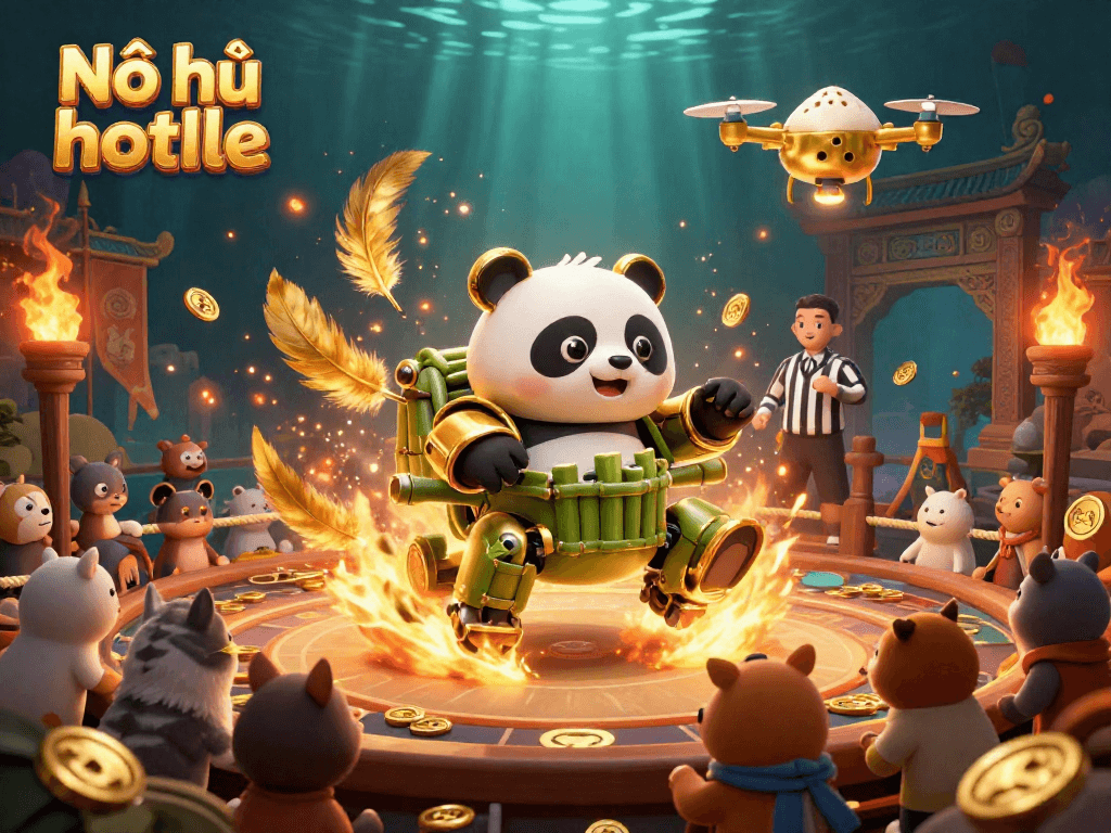 Nổ hũ hotline: Dive into an immersive game experience with a golden panda and its robot in an energetic gambling arena.