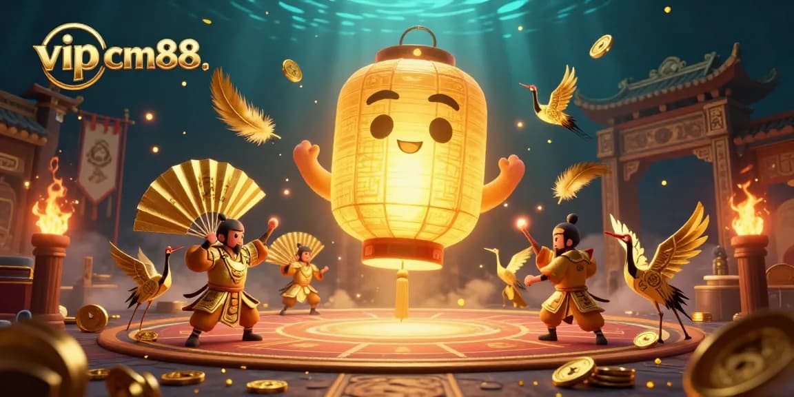 Experience the excitement of vip cm88 with a vibrant scene of a glowing lantern spirit amidst a dynamic casino atmosphere.
