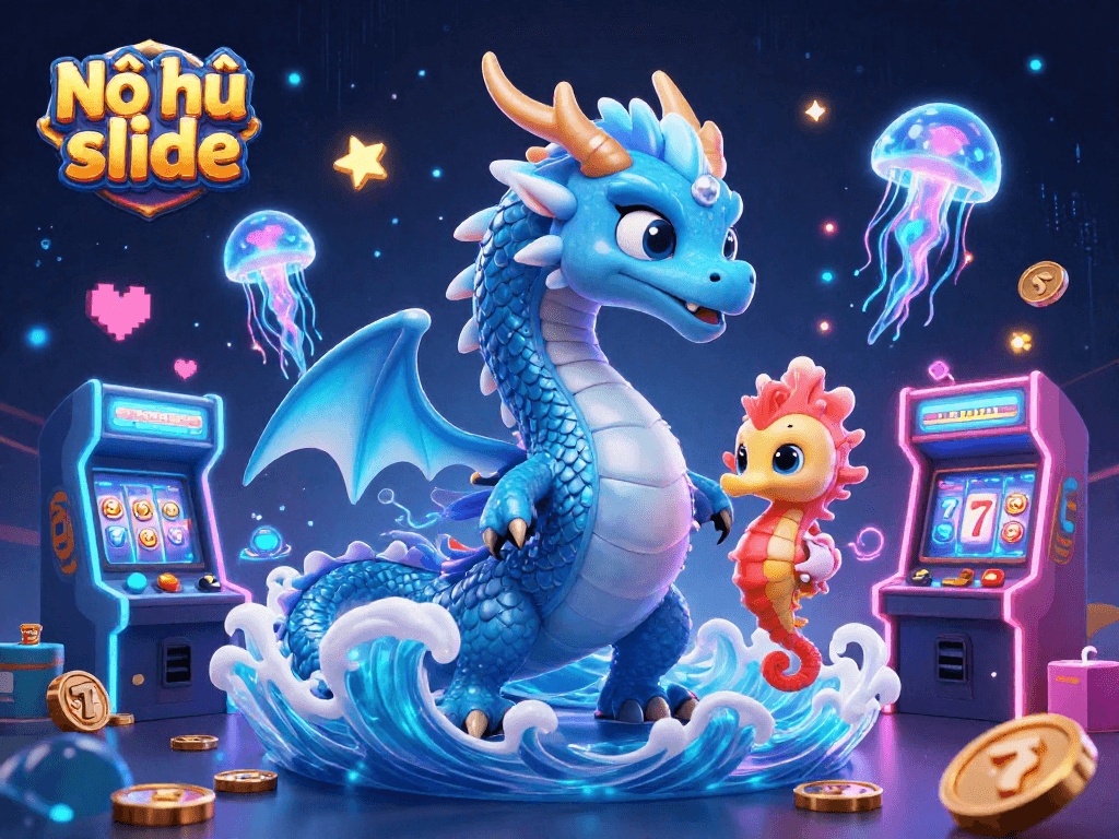 Engage with Nổ hũ slide as the azure dragon and jellyfish illuminate the gaming adventure.