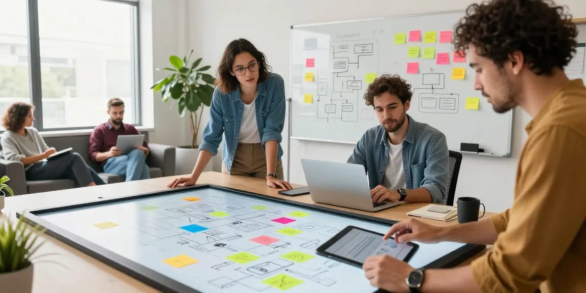 Users collaborating on mixboard ai in a modern office space with vibrant teamwork atmosphere.