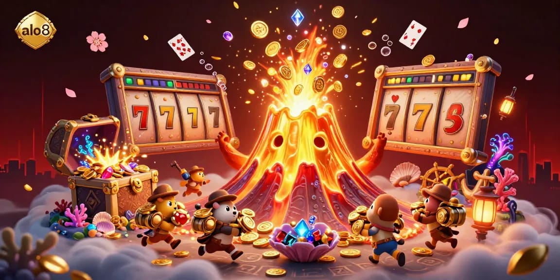 Engage with thrilling slots action at alo8, featuring a dynamic eruption of treasure and gaming elements.