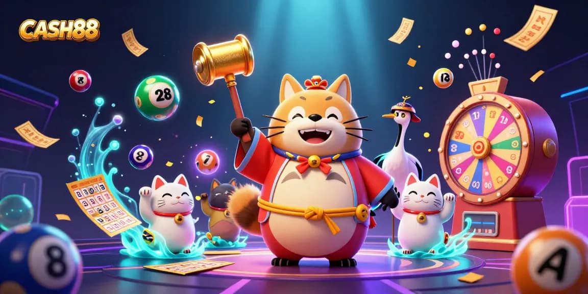 CASH88 evokes excitement as a cheerful tanuki holds a golden mallet, with lottery balls and prizes cascading in a festive atmosphere.