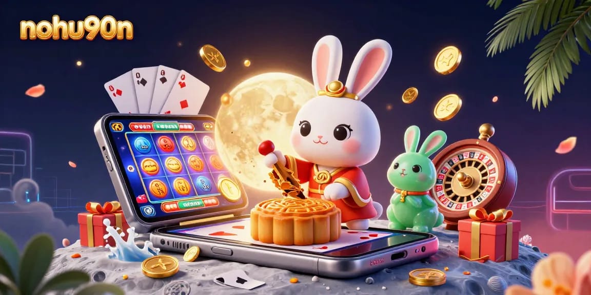 Nohu90n showcases a vibrant scene with a moon rabbit revealing poker chips, surrounded by gaming elements
