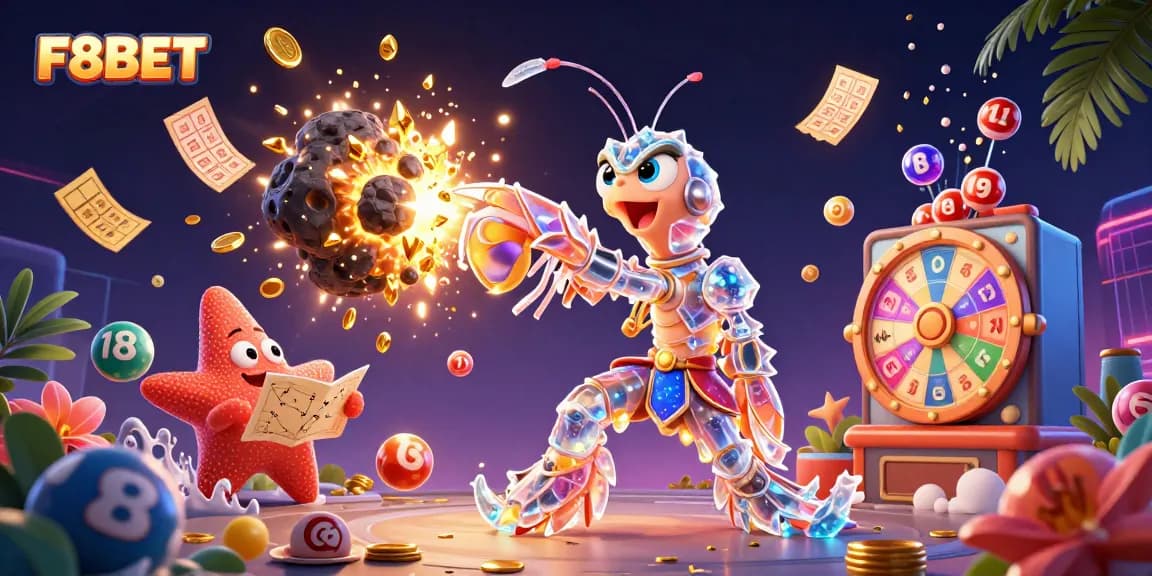 Experience F8BET excitement with a cartoon character smashing through asteroids, surrounded by lottery elements!
