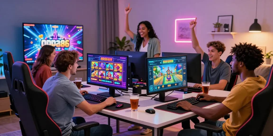 Enjoying premium gaming experience with oppa86 in a lively home setting.
