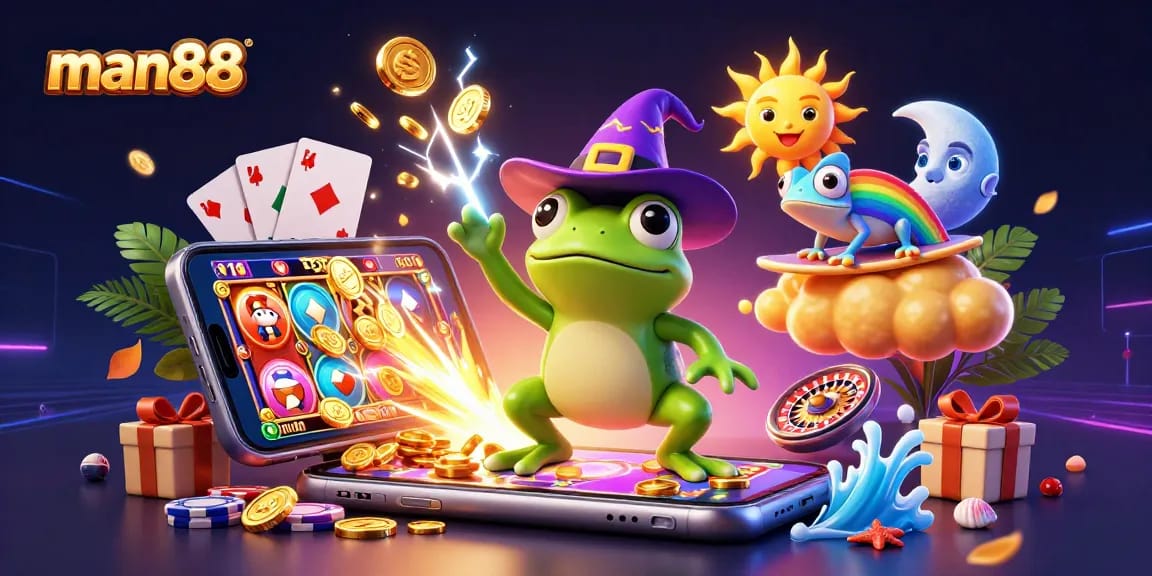 Experience man88's vibrant gaming world with a wizard frog and chameleon in a storm of coins.