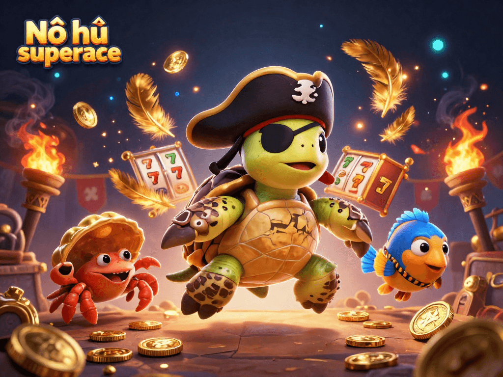Nổ hũ superace attracts players with a vibrant scene of a pirate turtle, crab, and parrotfish enjoying casino-themed treasure.