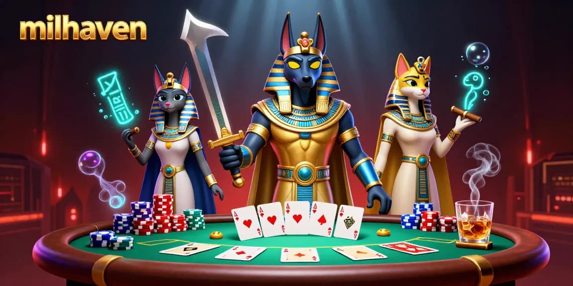 Experience thrilling gameplay at milhaven with Anubis and Bastet in a vibrant casino scene featuring poker elements.