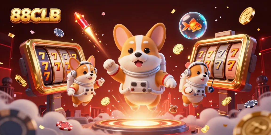 Watch the astronaut corgi enjoy thrilling play at 88CLB's online casino in a dynamic 3D illustration.
