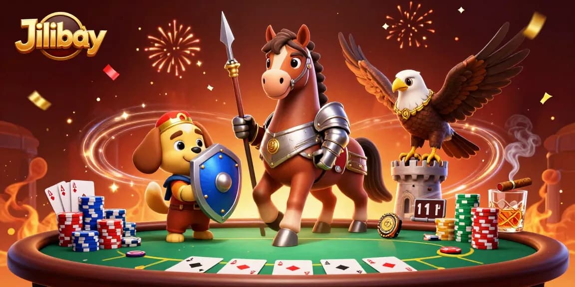 Experience exciting poker action with Jilibay's immersive 3D casino scene featuring knights and a puppy.