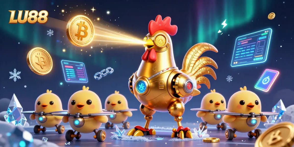 LU88 features a vibrant scene with a golden rooster robot and crypto elements, creating an engaging casino atmosphere.