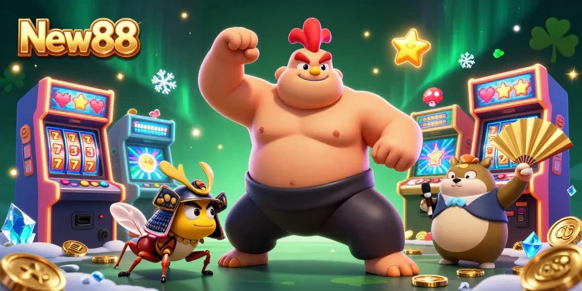 Engage with exciting gaming at New88, where vibrant characters celebrate thrilling jackpots and casino fun.