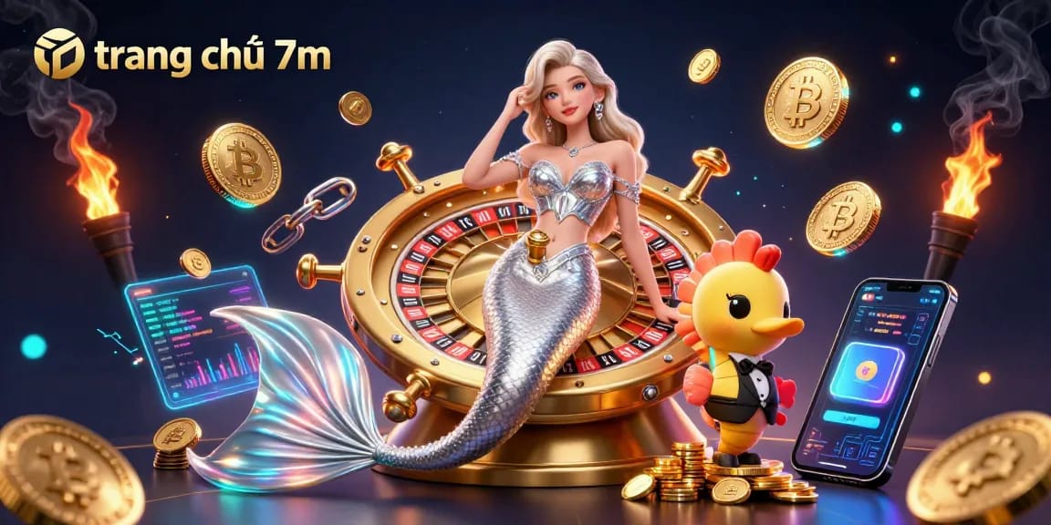 Engage with trang chủ 7m, showcasing a captivating scene of a woman beside a golden roulette wheel amidst gambling elements.